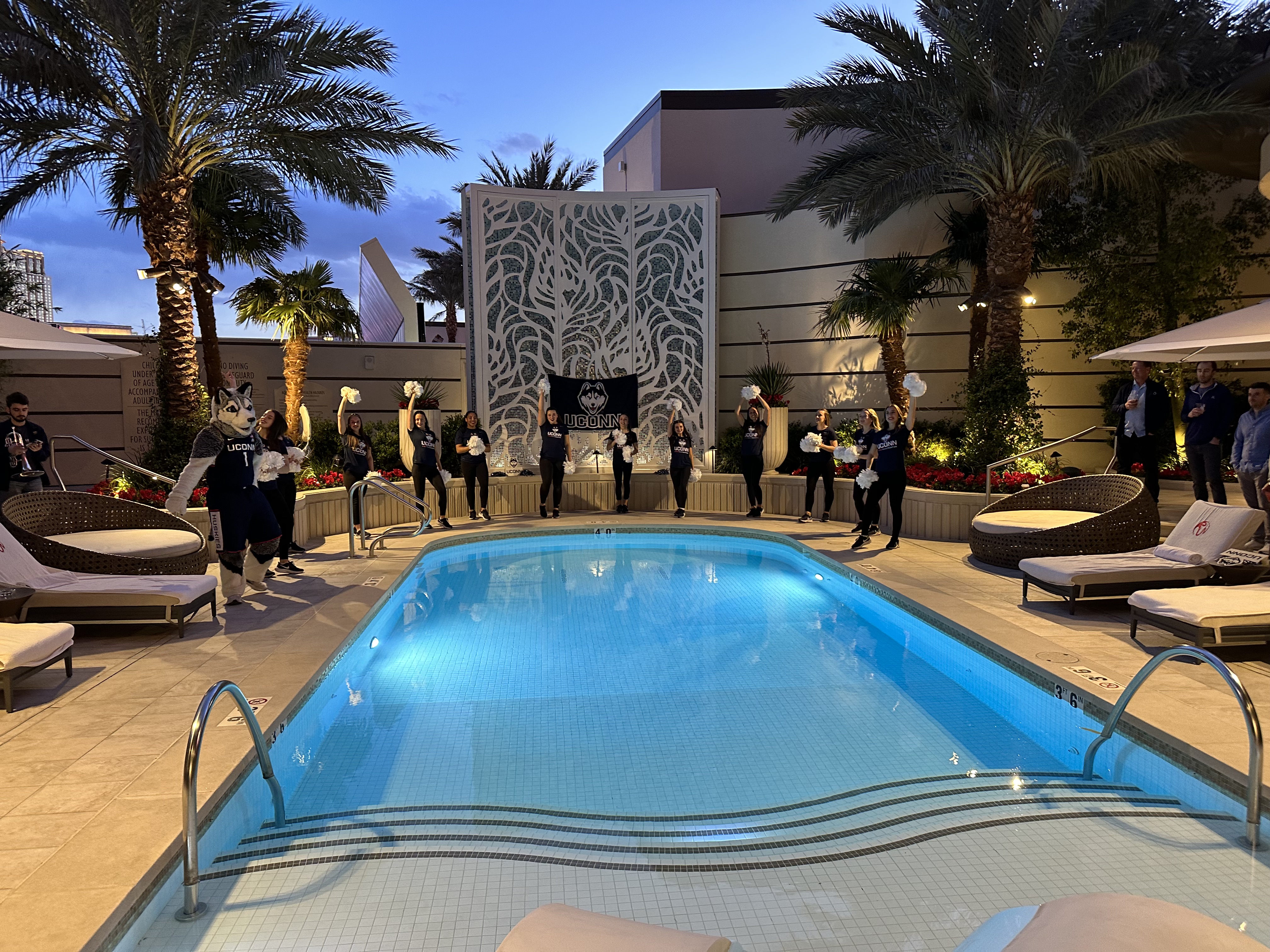 The UConn Husky mascot and cheerleaders poolside in Las Vegas, March 2023