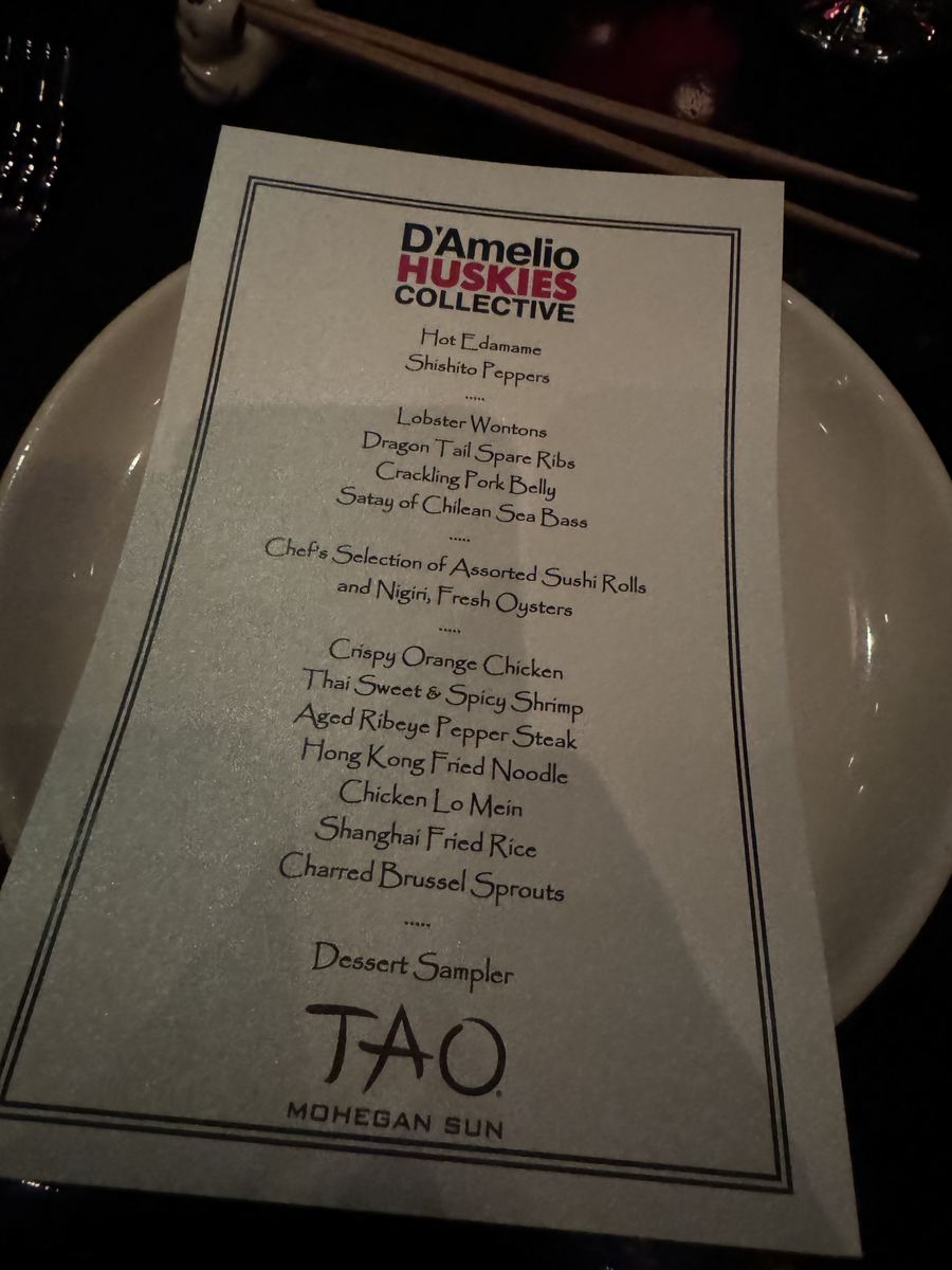 D'Amelio Huskies Collective dinner menu at TAO, Mohegan Sun